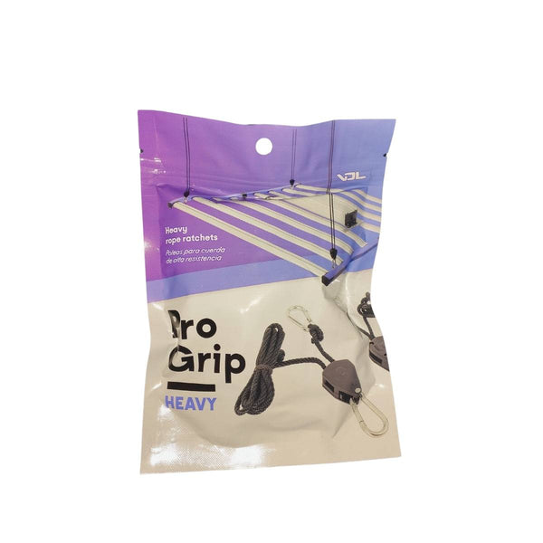 Poulies VDL Pro Grip pour suspension robuste jusqu'à 68 kg, idéales pour lampes de culture indoor et filtres à charbon. Emballage violet et beige avec visuel produit.