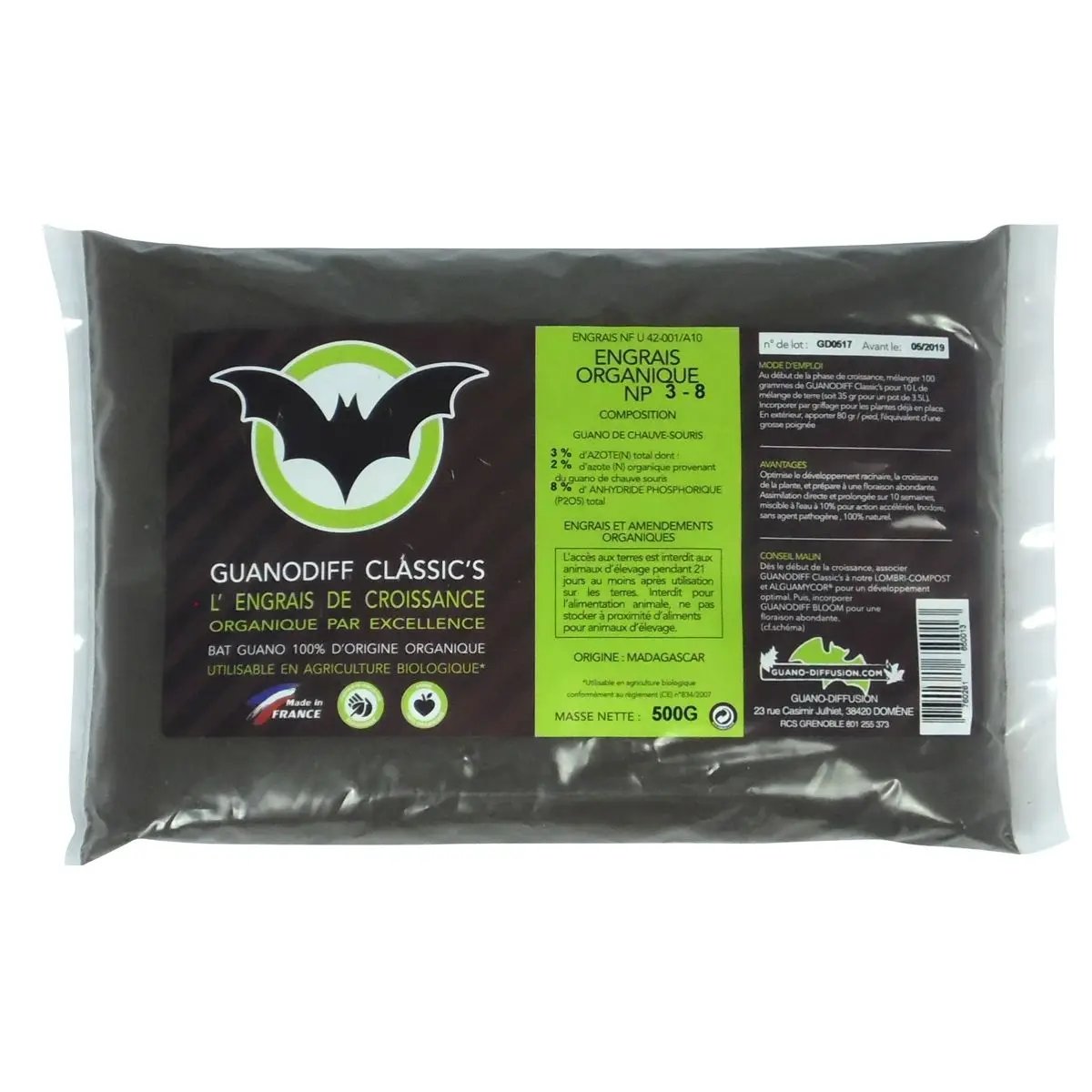 GUANODIFF Classic's 500 g – Guano naturel pour croissance, engrais organique NP 4-14,5 à base de guano de chauve-souris pour jardinage bio.