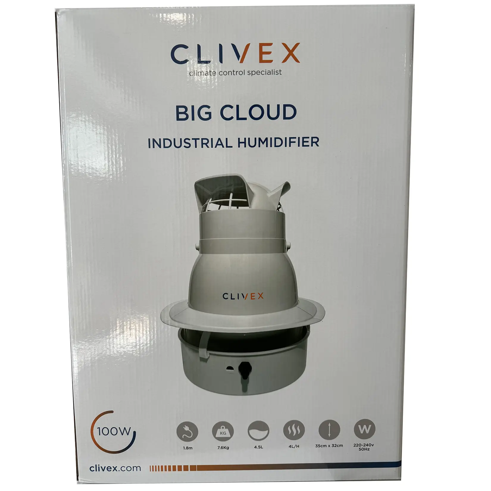 Emballage du Clivex Big Cloud – Humidificateur industriel compact 4L/h, silencieux, avec adaptateurs, idéal pour climatiser les espaces professionnels.