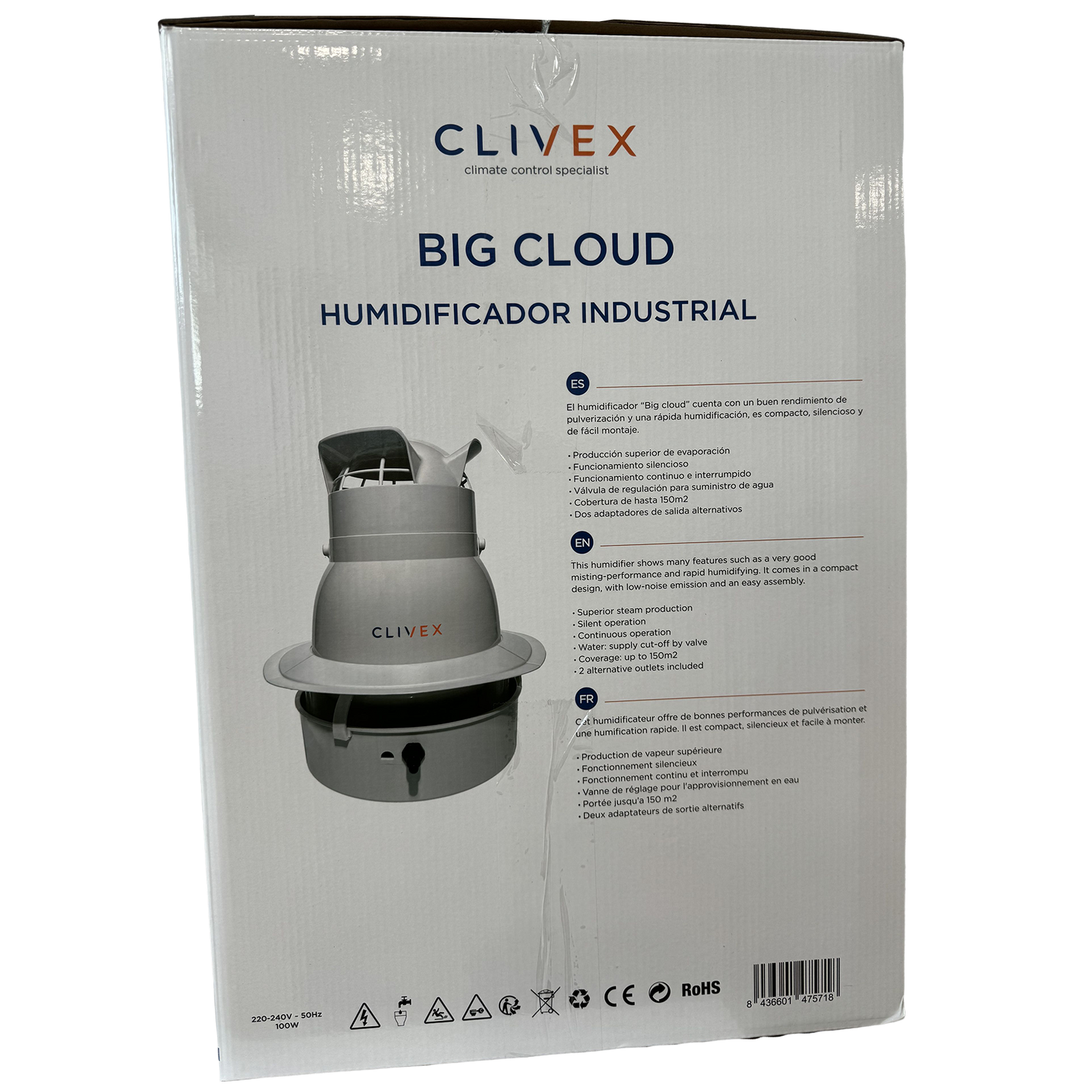 Vue arrière de la boîte du Clivex Big Cloud, humidificateur industriel 4L/h, avec spécifications techniques et avantages pour le contrôle de l'humidité.