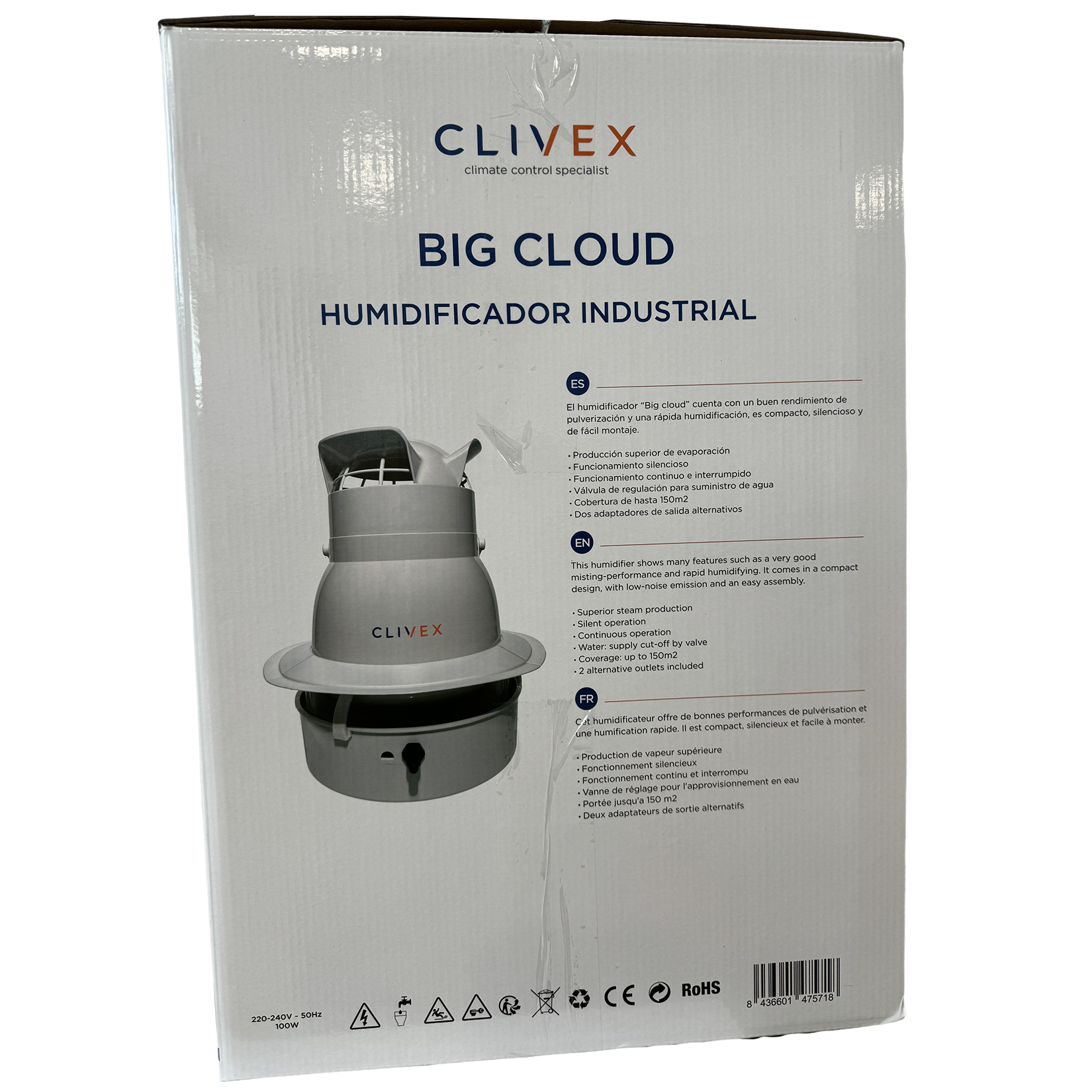 Vue arrière de la boîte du Clivex Big Cloud, humidificateur industriel 4L/h, avec spécifications techniques et avantages pour le contrôle de l'humidité.