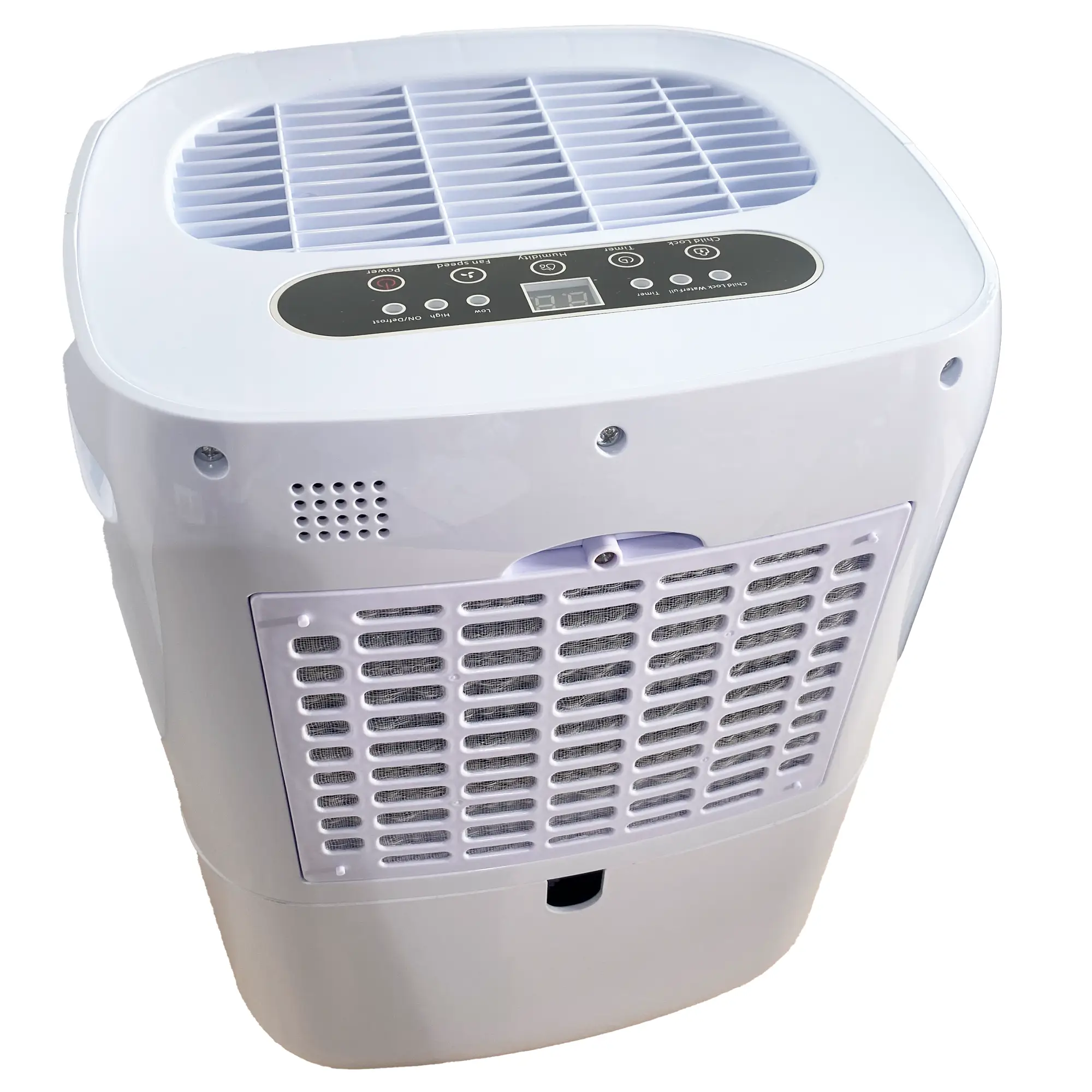 Vue supérieure du Clivex HomeDry 20L avec commandes tactiles et écran LED, déshumidificateur à gaz R290 pour un usage domestique ou industriel.