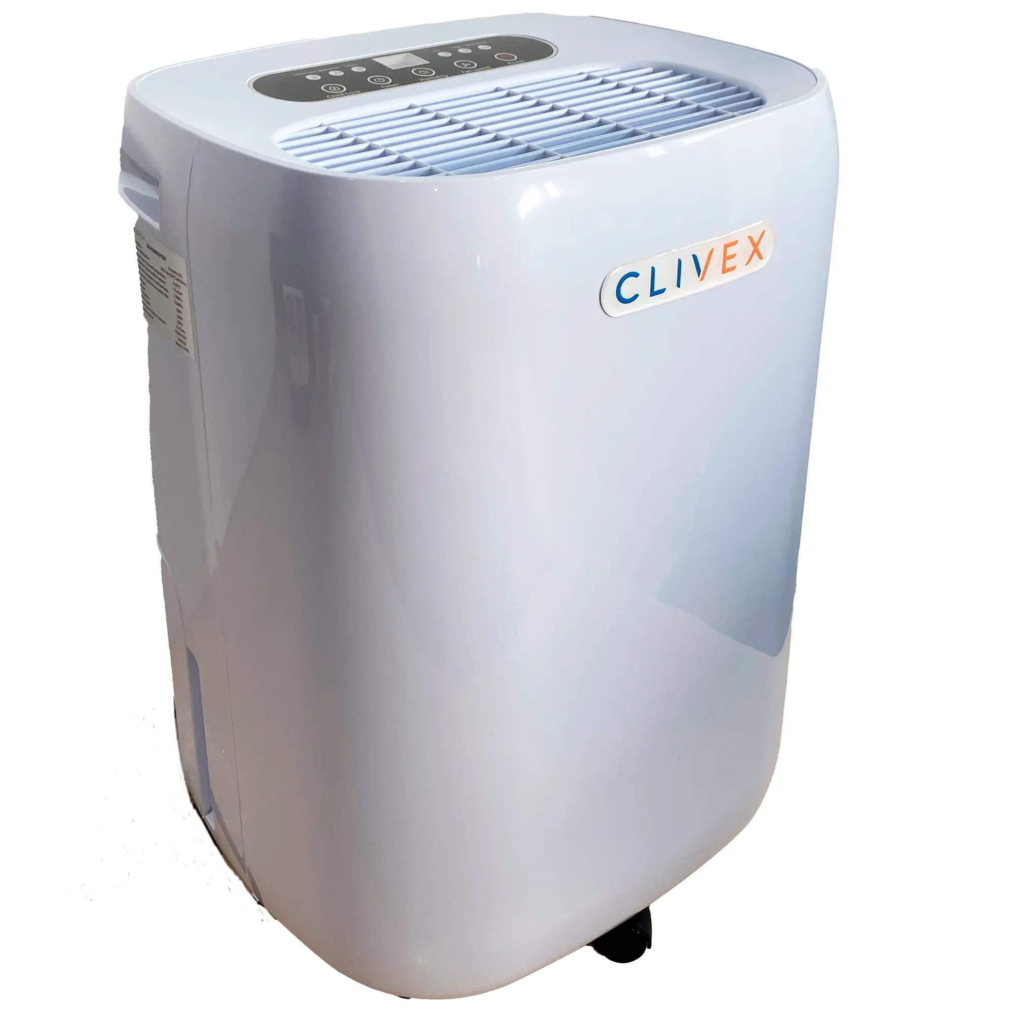 Déshumidificateur Clivex HomeDry 20L avec panneau de commande digital et grille d’aération supérieure, silencieux et économique.