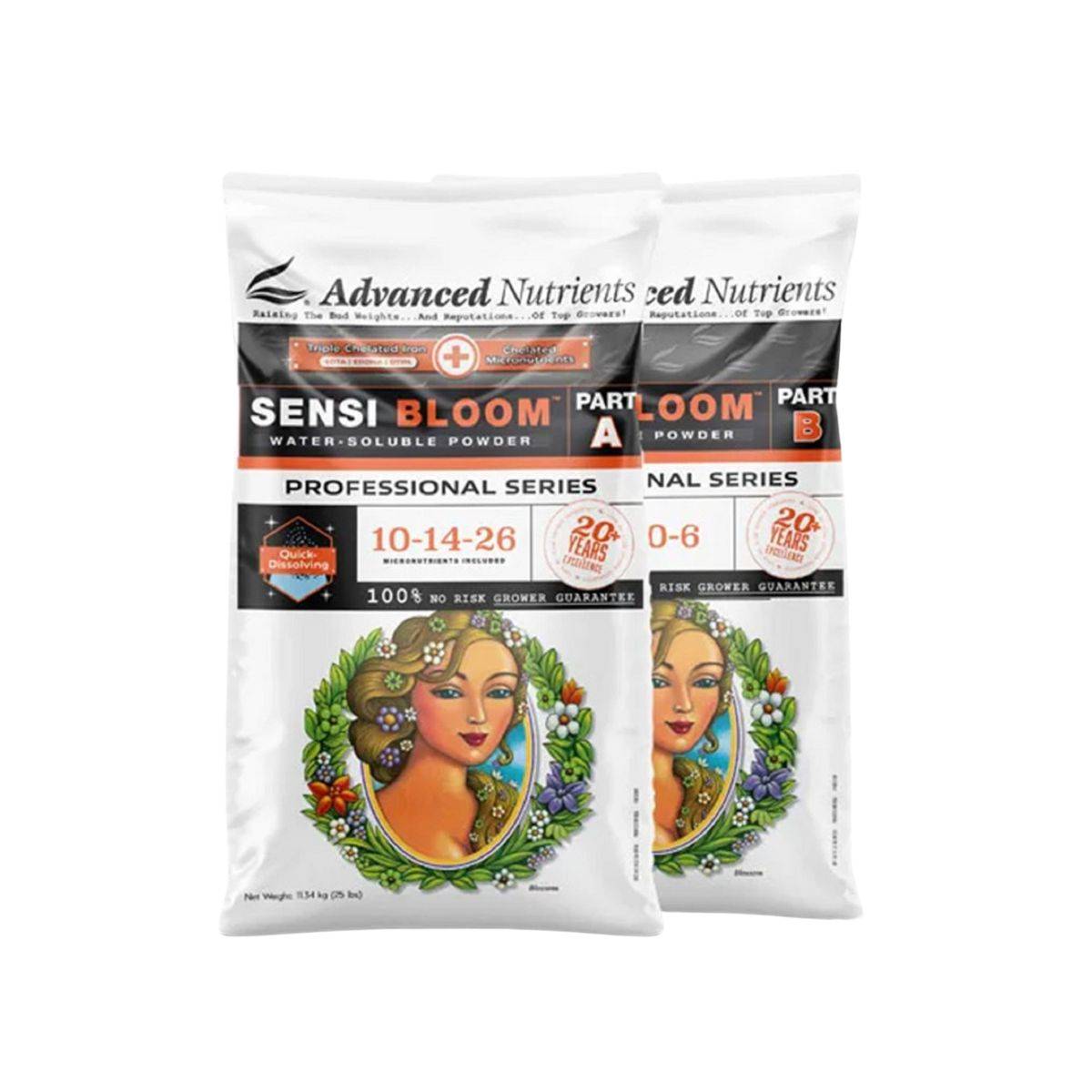 Engrais Advanced Nutrients Sensi Bloom Powder Series A&B 500gr, formulation soluble pour culture en terre et hydroponique, pack de 2 parties.