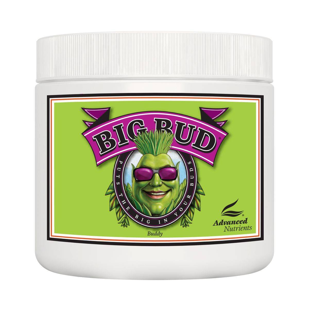 Engrais soluble Advanced Nutrients Big Bud Powder 1kg en pot blanc avec étiquette verte, idéal pour stimuler la floraison des plantes. Formule concentrée pour des bourgeons plus gros et un rendement accru en jardinage intérieur ou extérieur.