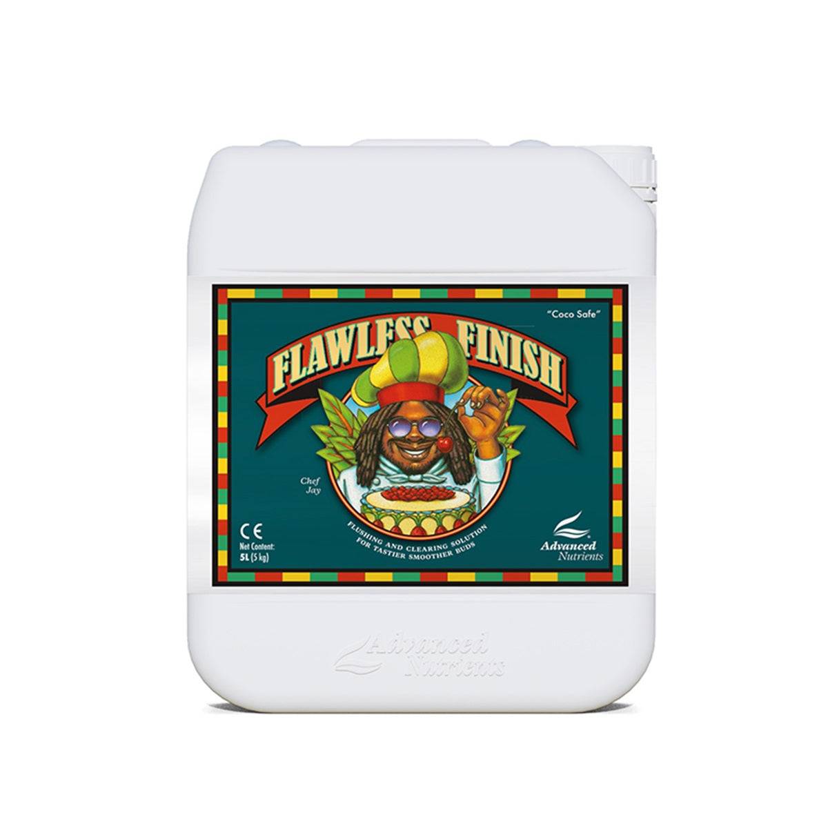 Bidon de 5 litres d'engrais Advanced Nutrients Flawless Finish 5l, additif de rinçage pour éliminer les nutriments avant récolte en jardinage intérieur.