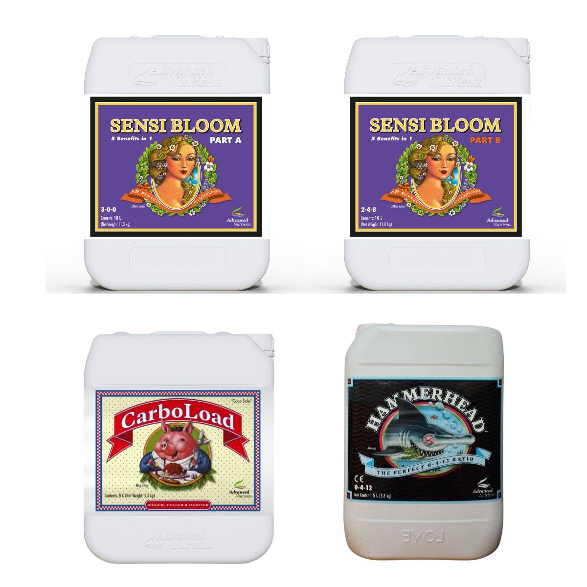 Kit d'engrais de floraison Advanced Nutrients Sensi avec Sensi Bloom A&B 10L, Carboload 5L et Hammerhead PK 4-12 pour jardinage intérieur.