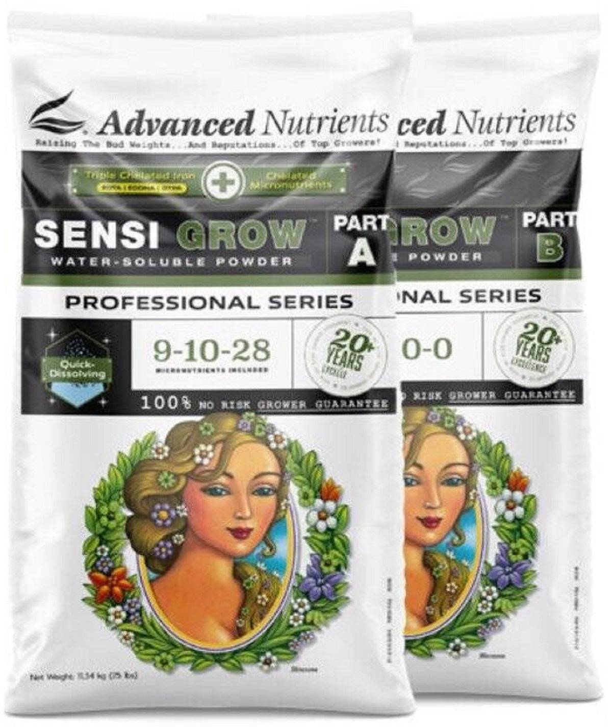 Engrais Advanced Nutrients WSP Sensi Grow A&B 500gr en poudre hydrosoluble, idéal pour des cultures à haut rendement en jardinage professionnel.
