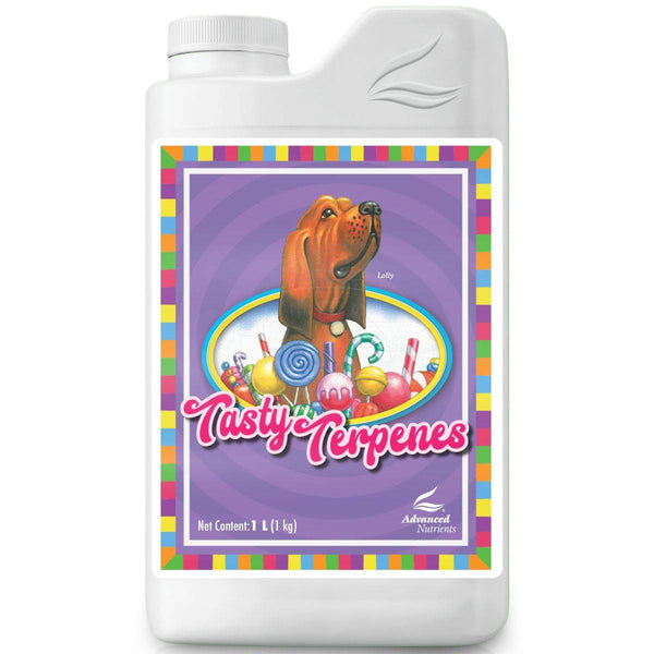 Engrais Advanced Nutrients Tasty Terpenes 500ml avec étiquette colorée et illustration de chien, idéal pour booster floraison et croissance des plantes.