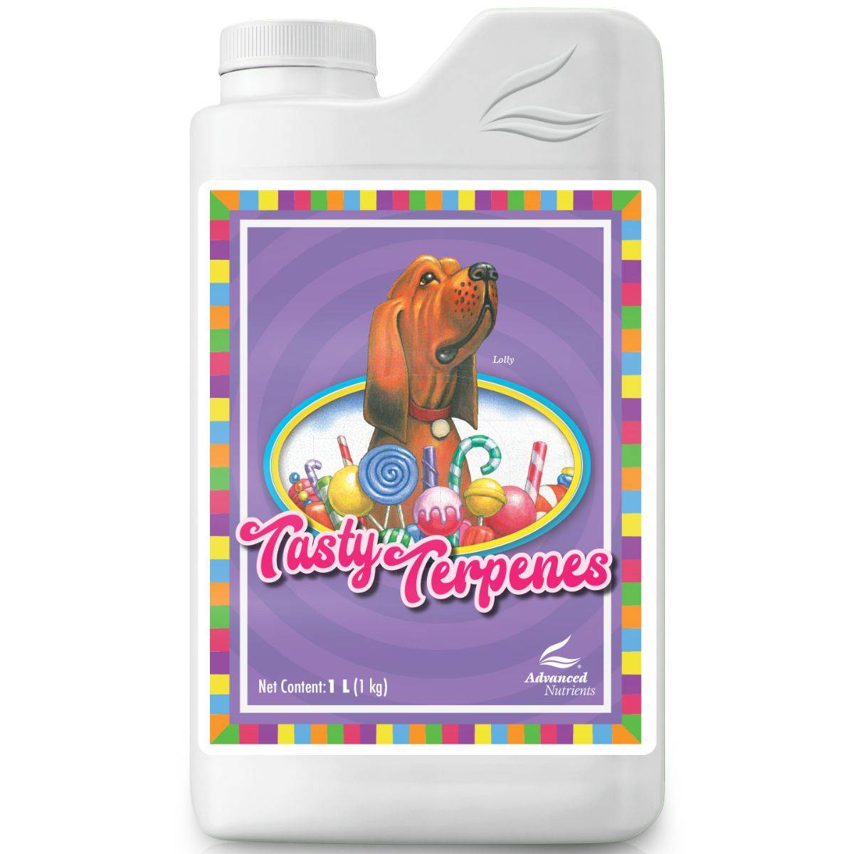 Engrais Advanced Nutrients Tasty Terpenes 500ml avec étiquette colorée et illustration de chien, idéal pour booster floraison et croissance des plantes.