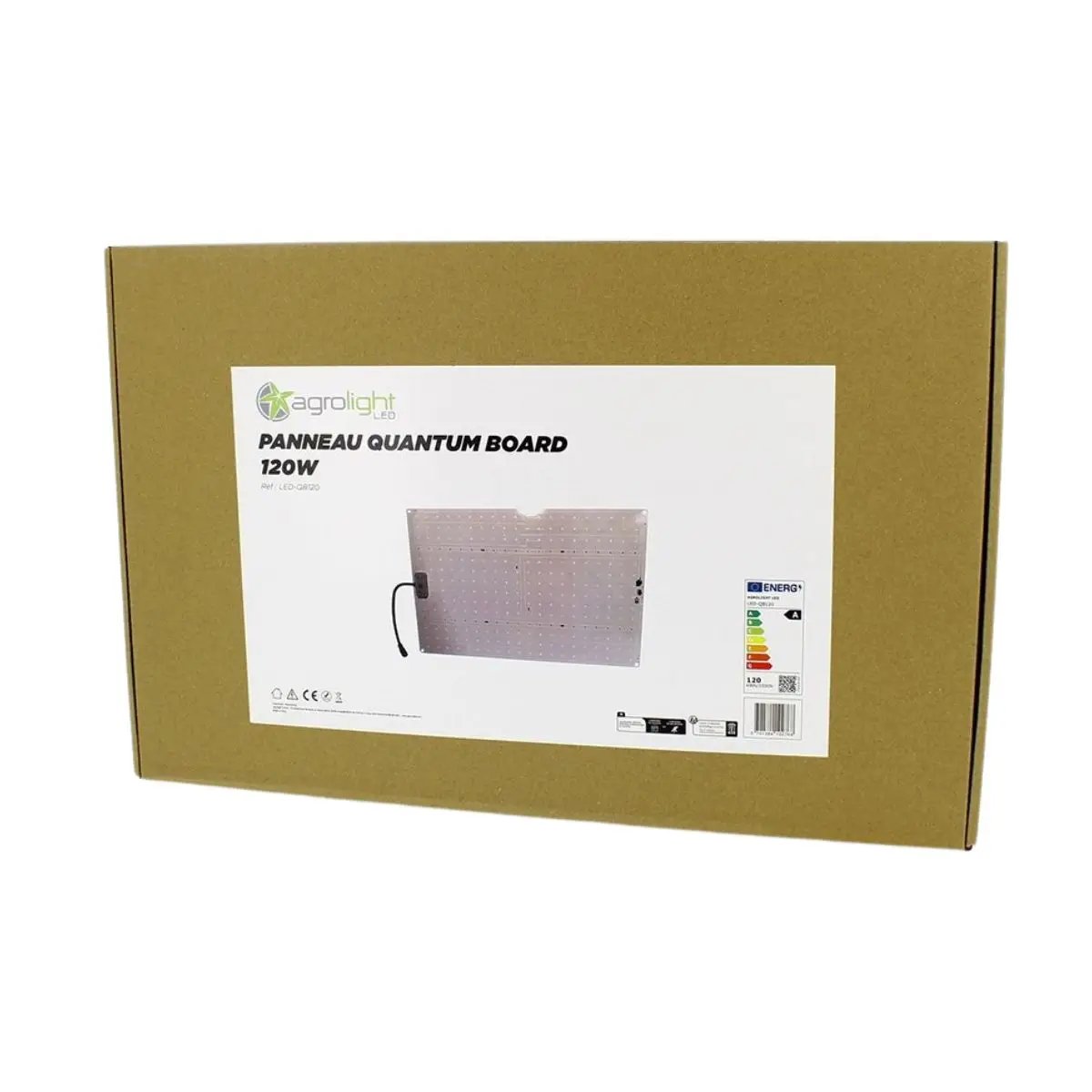 Emballage de la lampe horticole LED AGROLIGHT Quantum Board 120W, solution compacte et économique pour la culture en intérieur.