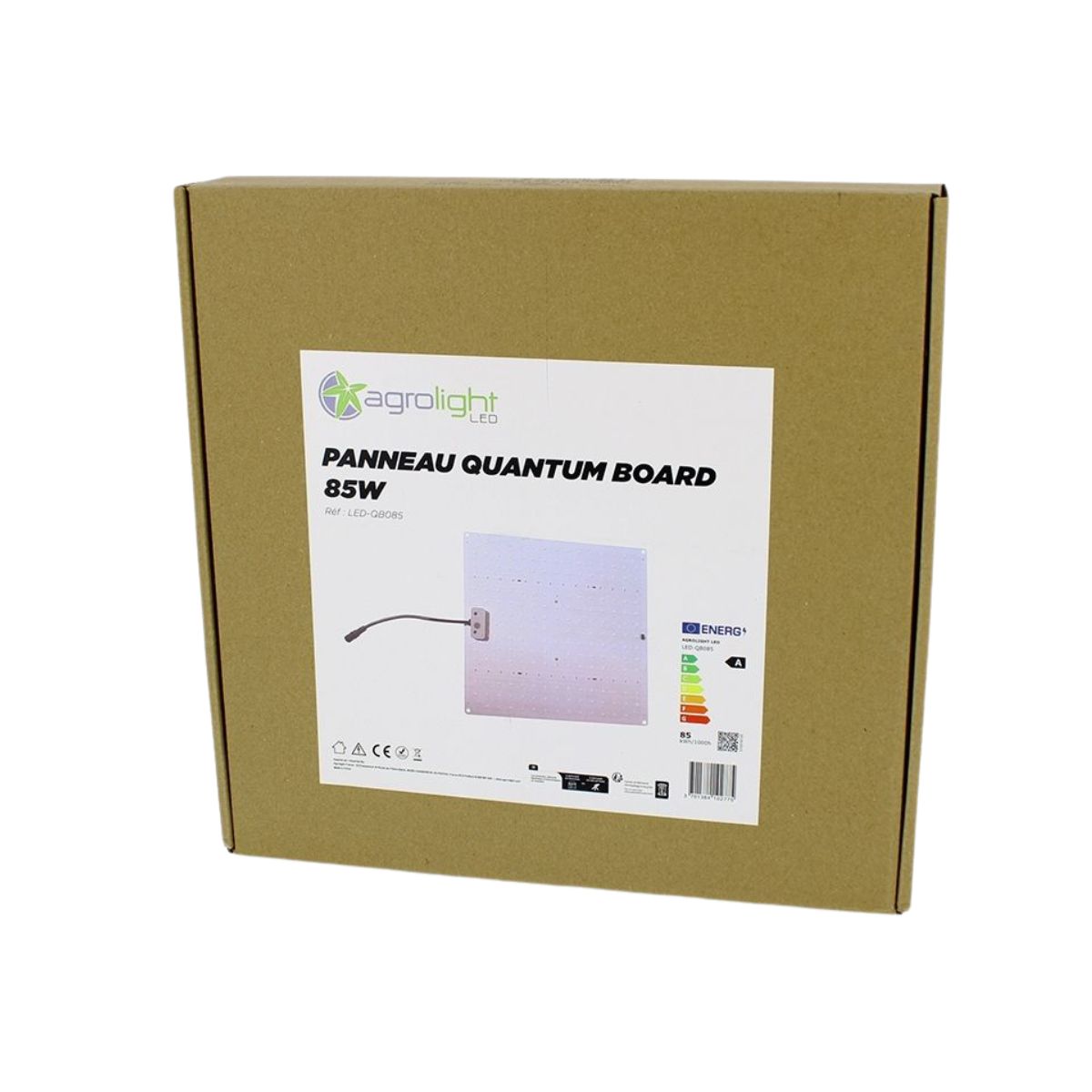 Emballage de la lampe horticole LED AGROLIGHT Quantum Board 85W, boîte cartonnée avec étiquette produit et spécifications visibles.