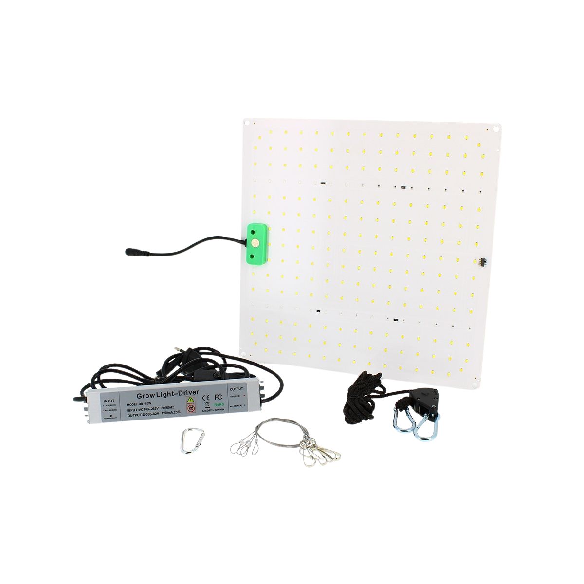 Lampe de culture LED AGROLIGHT 85W avec panneau Quantum Board, alimentation, câbles et accessoires inclus pour installation facile.