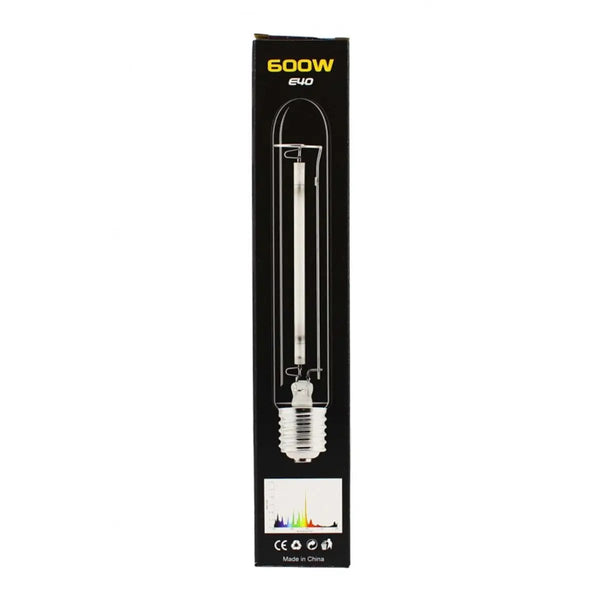 Ampoule HPS 600W Horti Sun Power Pro avec spectre complet, idéale pour lampe de culture en phase de croissance et floraison. Boîte noire verticale avec graphique spectral visible.