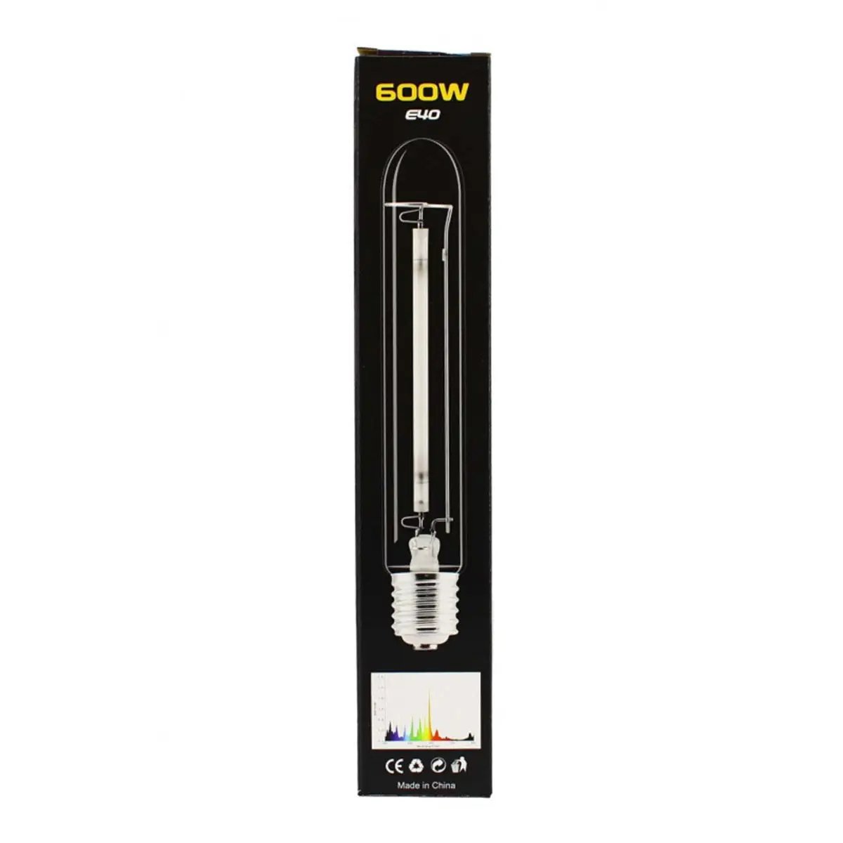 Ampoule HPS 600W Horti Sun Power Pro avec spectre complet, idéale pour lampe de culture en phase de croissance et floraison. Boîte noire verticale avec graphique spectral visible.