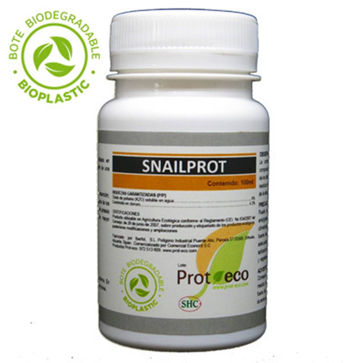 Flacon de 100ml de l'insecticide Pro-Eco Snailprot, solution anti limaces écologique pour la maison et le jardin, avec étiquette verte et logo bioplastique.