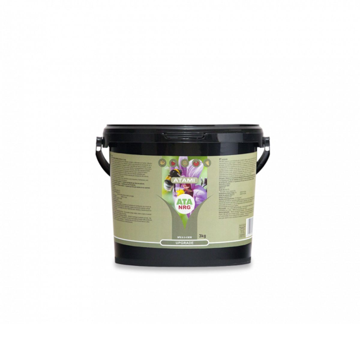 Seau de 3kg d'engrais organique en poudre Atami NRG UPGRADE, idéal pour la culture en terreau ou coco. Favorise la croissance des plantes.