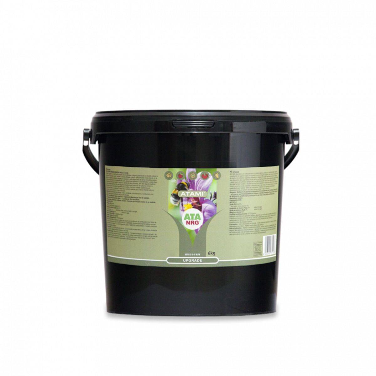 Seau noir de 6 kg d'engrais en poudre ATAMI ATA NRG UPGRADE, idéal pour la culture en terreau ou coco, fertilisant organique puissant.