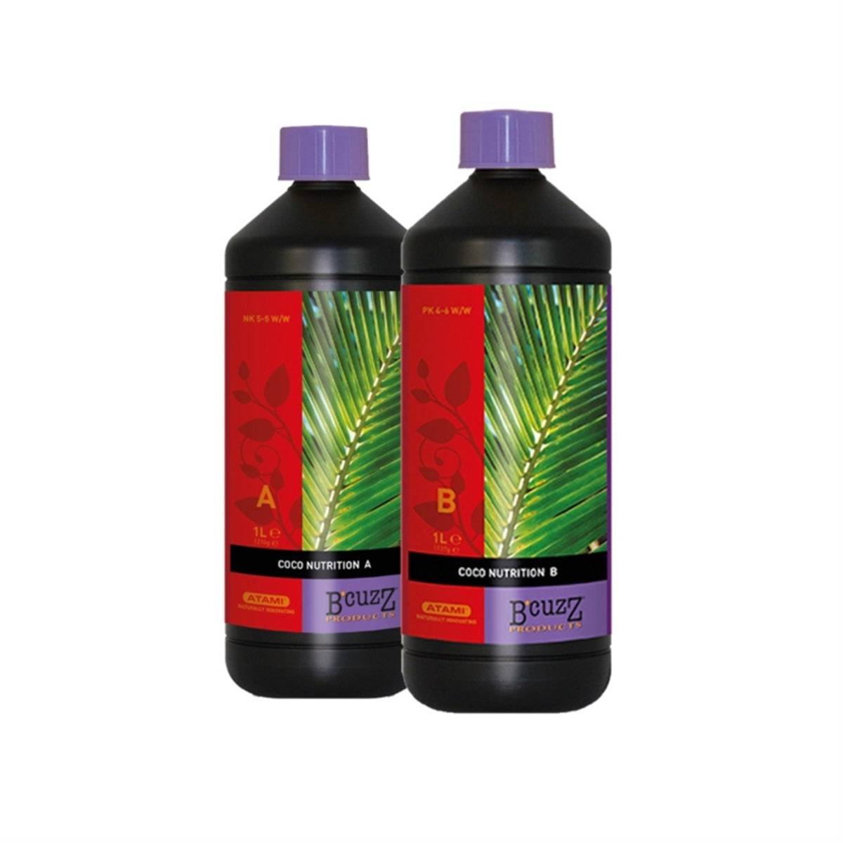 Engrais ATAMI COCO Nutrition A&B 1 litre pour substrats de coco, flacons de 1L avec étiquettes colorées rouge et violette. Idéal pour jardinage intérieur et extérieur.