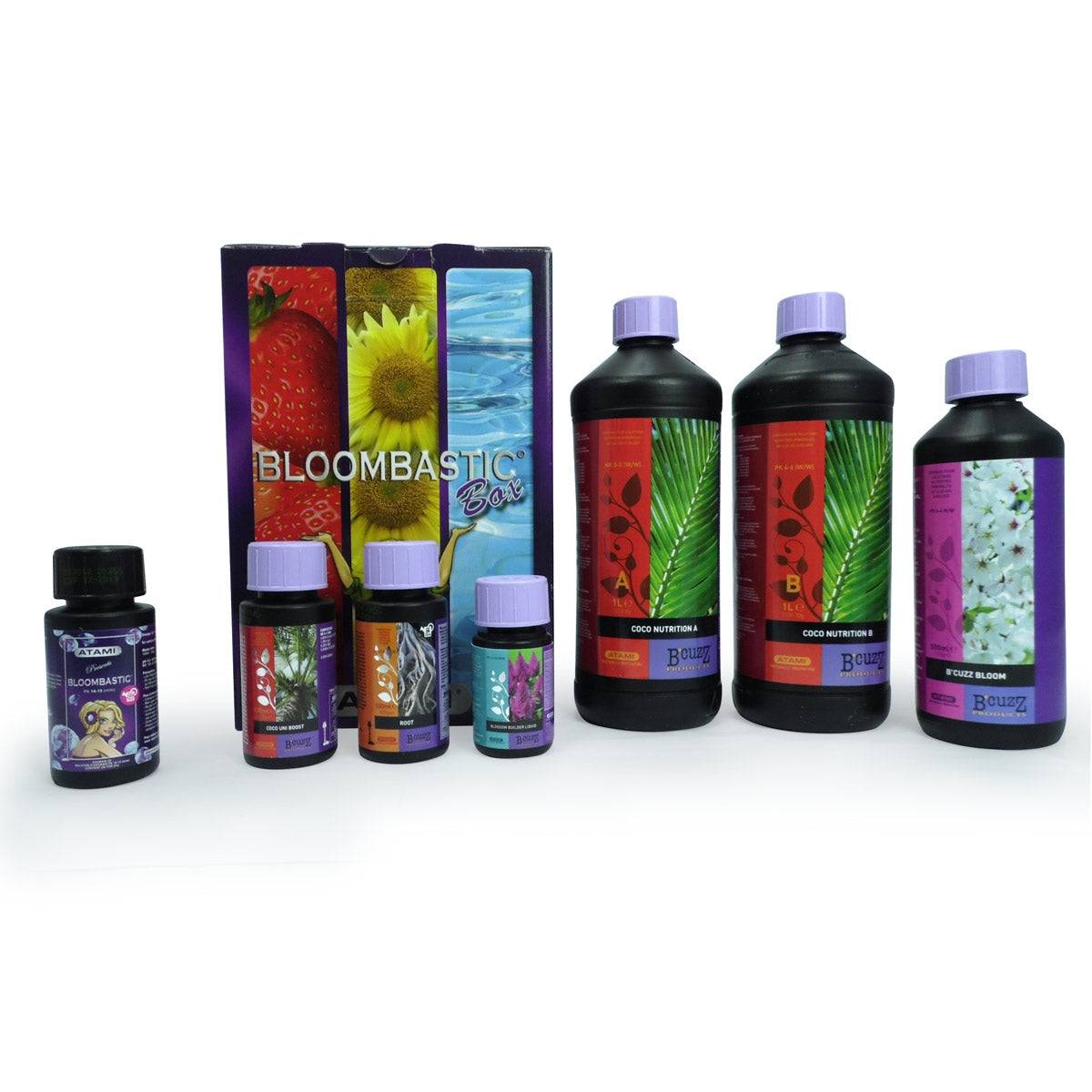 Kit d'engrais Atami B’cuzz Bloombastic Box pour floraison sur substrat coco, incluant bouteilles et stimulateurs pour culture indoor optimale.