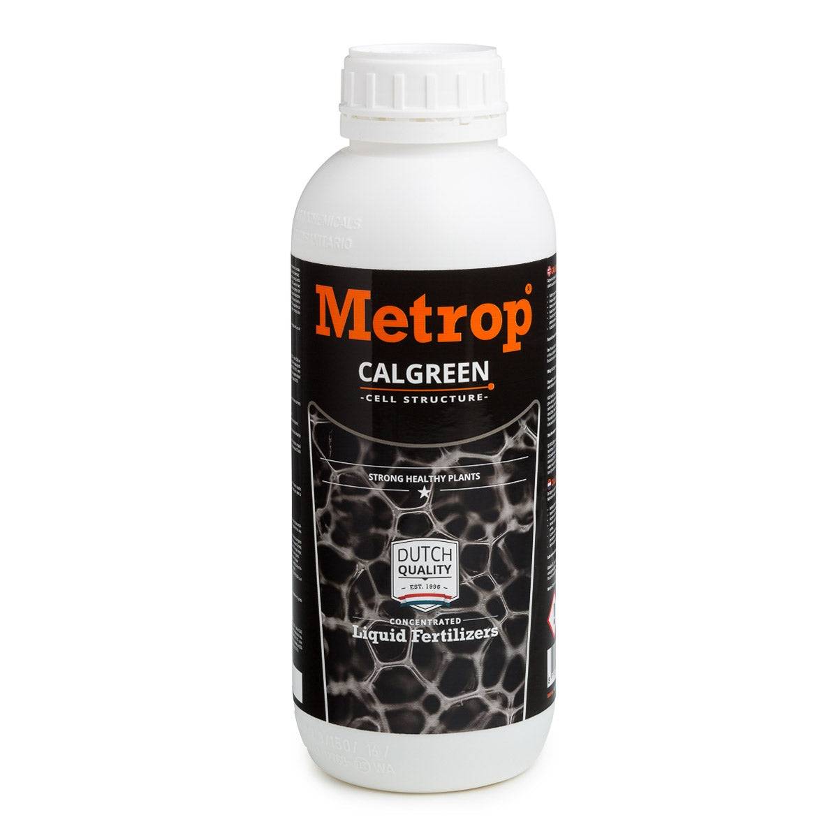 Flacon d'engrais Metrop Calgreen 1L pour croissance et floraison, enrichi en calcium, idéal pour culture indoor et jardinage organique.