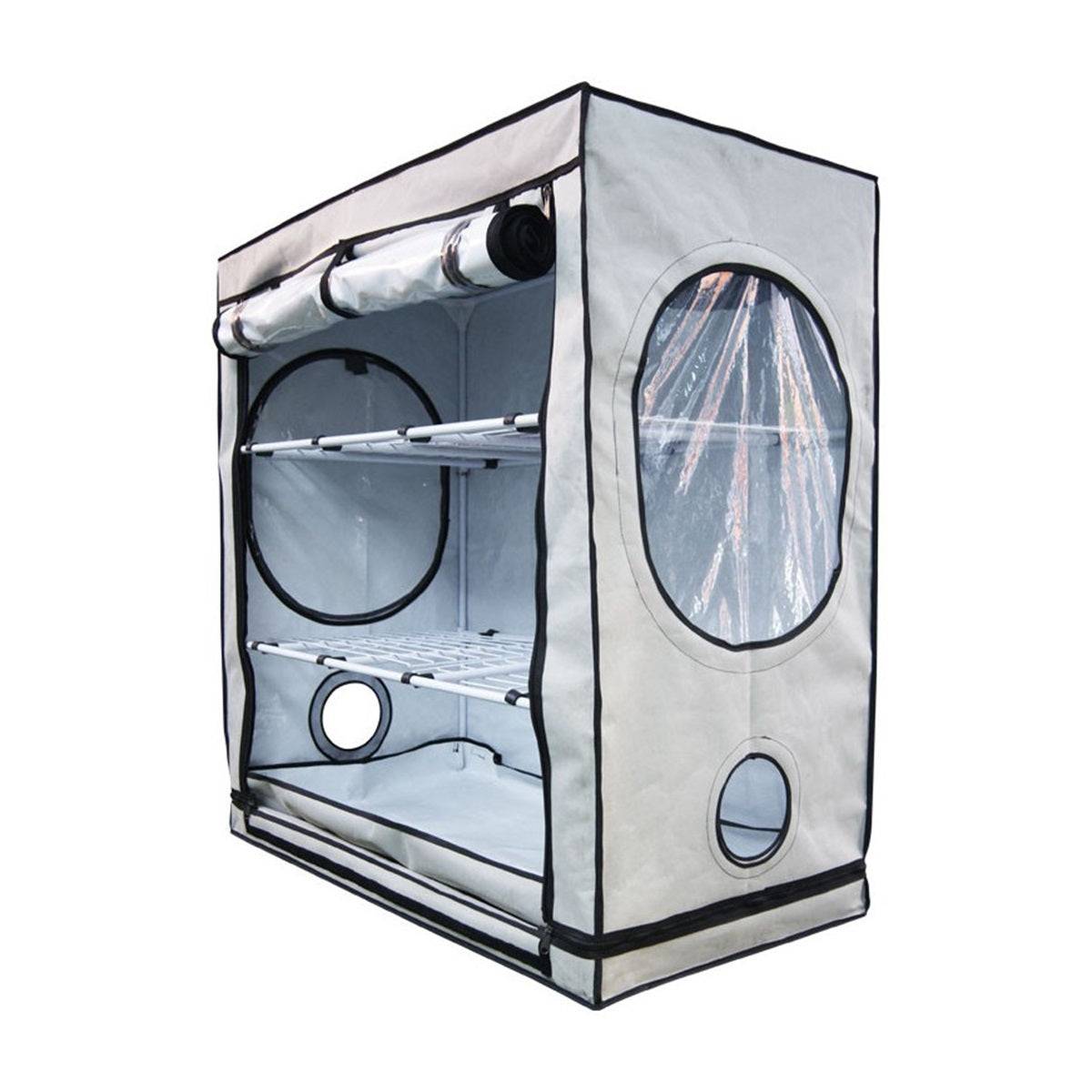 Chambre de culture Black Box Silver 125x65x120 avec revêtement réfléchissant, idéale pour la culture indoor sur plusieurs niveaux.