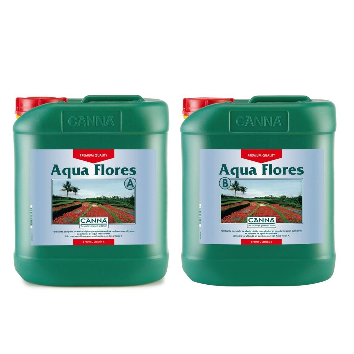 Bidons de 5 litres d'engrais Canna Aqua Flores A&B pour floraison en culture hydroponique, idéals pour systèmes hydro. Nutriments essentiels inclus.