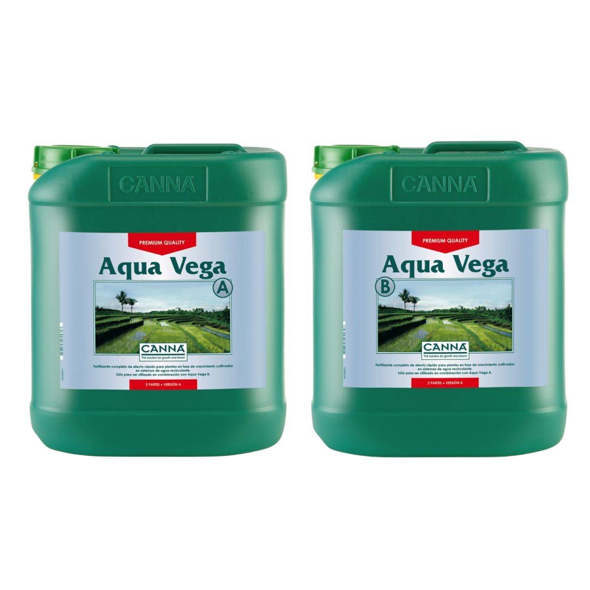 Bidons de 5 litres d'engrais Canna Aqua Vega A&B pour culture hydroponique en recirculation, idéal pour légumes et plantes à fleurs.