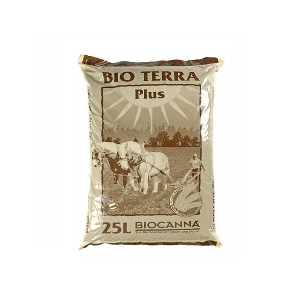 Sac de substrat Biocanna Bio Terra Plus 25L pour jardinage biologique, idéal pour la croissance et la floraison des plantes, vendu sur Saucegrowing.