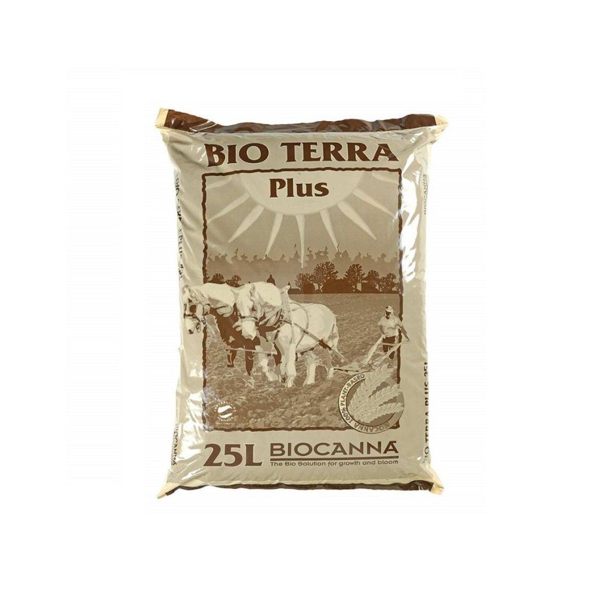 Sac de substrat Biocanna Bio Terra Plus 25L pour jardinage biologique, idéal pour la croissance et la floraison des plantes, vendu sur Saucegrowing.
