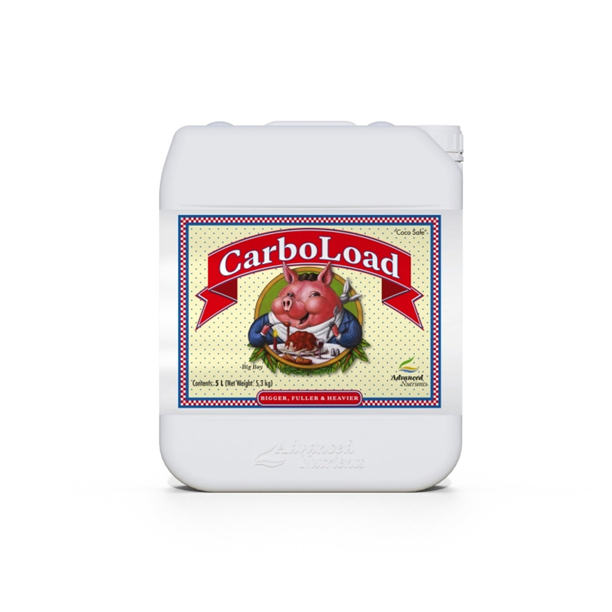 Bidon de 5L d'engrais Advanced Nutrients Carboload avec étiquette illustrée, idéal pour booster la floraison en jardinage intérieur ou extérieur.