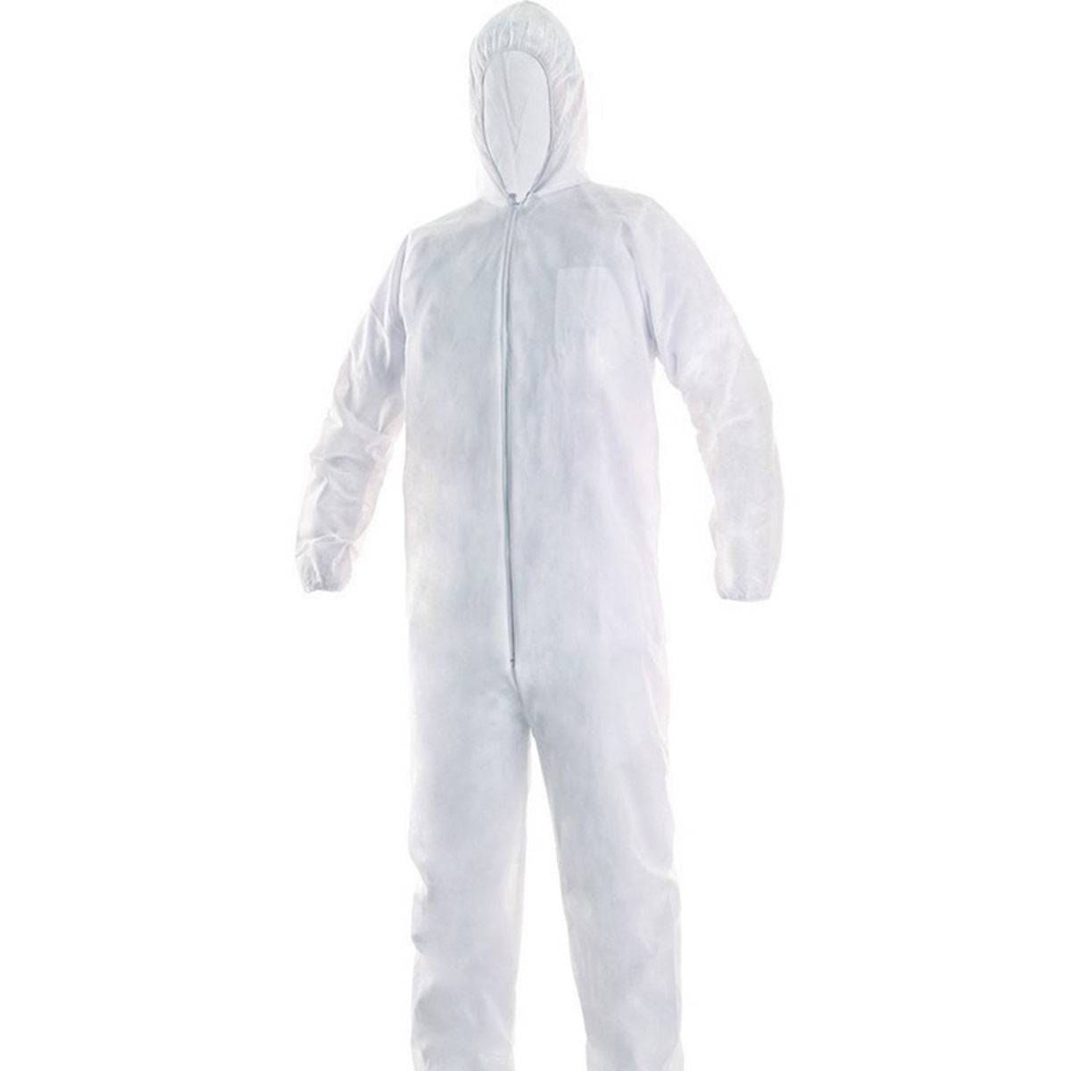 Combinaison pour horticulture blanche Taille M avec capuche intégrée, idéale pour la protection contre les produits chimiques au jardin ou en serre.