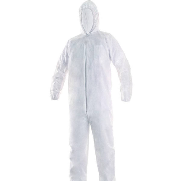 Combinaison pour horticulture blanche Taille M avec capuche intégrée, idéale pour la protection contre les produits chimiques au jardin ou en serre.