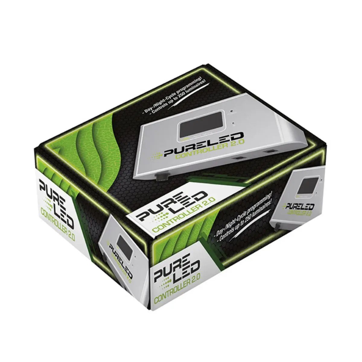 Emballage du Pure Led Smart Controller 2.0 avec visuel produit et détails techniques pour optimiser l’éclairage des lampes horticoles LED.