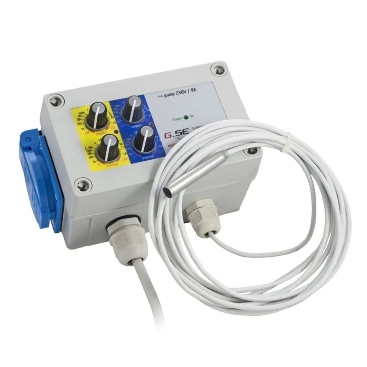 Programmateur d’arrosage automatique GSE avec sonde lumineuse et prise latérale.