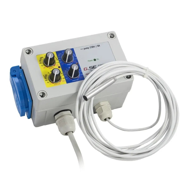 Programmateur d’arrosage automatique GSE avec sonde lumineuse et prise latérale.