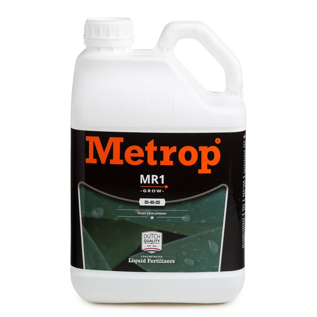 Bidon de 5 litres d'engrais croissance Metrop MR1 avec formule concentrée NPK 10-40-20 pour culture indoor et développement optimal des plantes.
