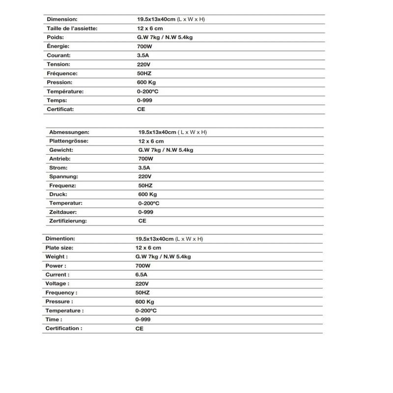 Fiche technique de la presse Qnubu 600kg