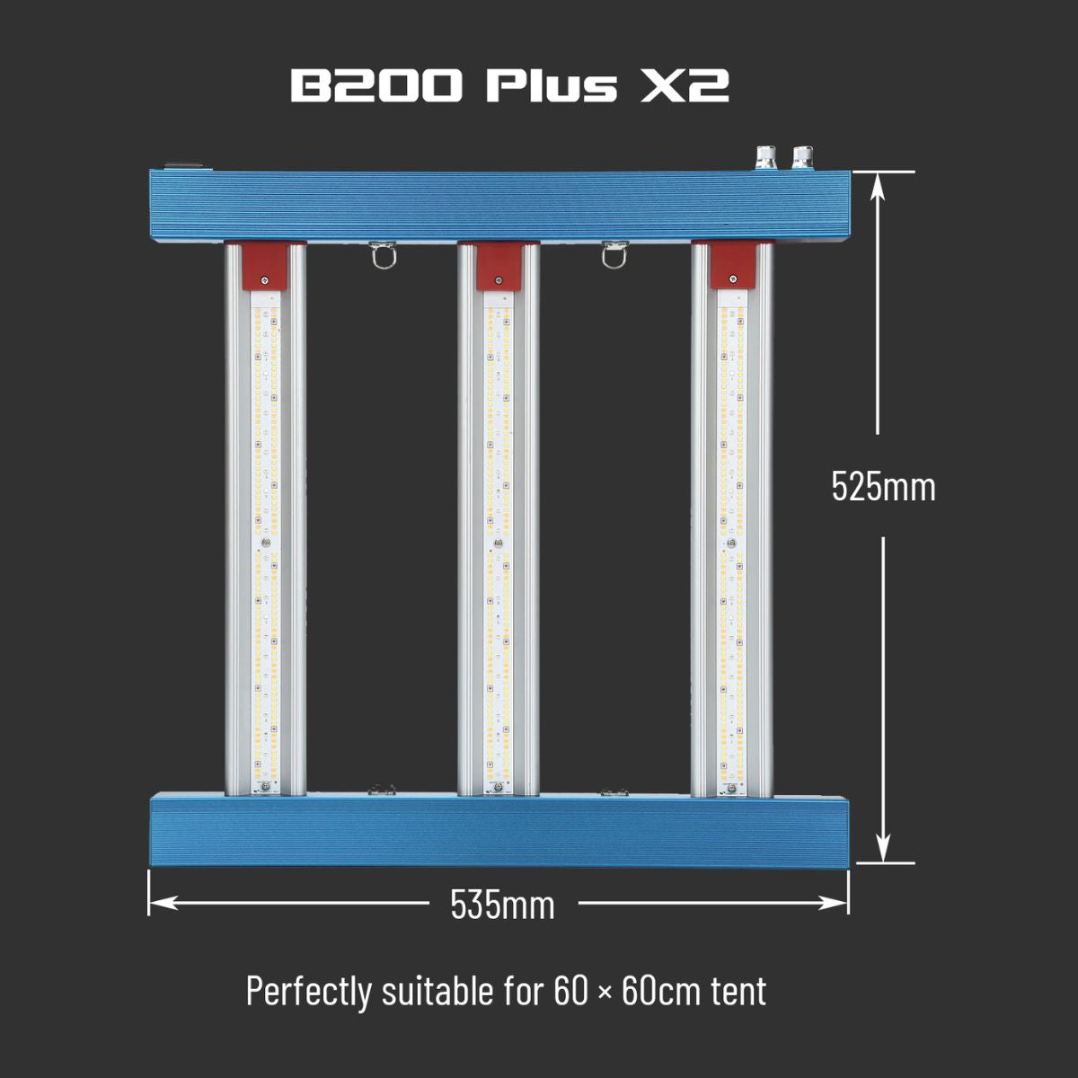 Dimensions de la lampe LED HortiSpectra B200 Plus X2 200W, parfaitement adaptée aux tentes de culture 60x60 cm.