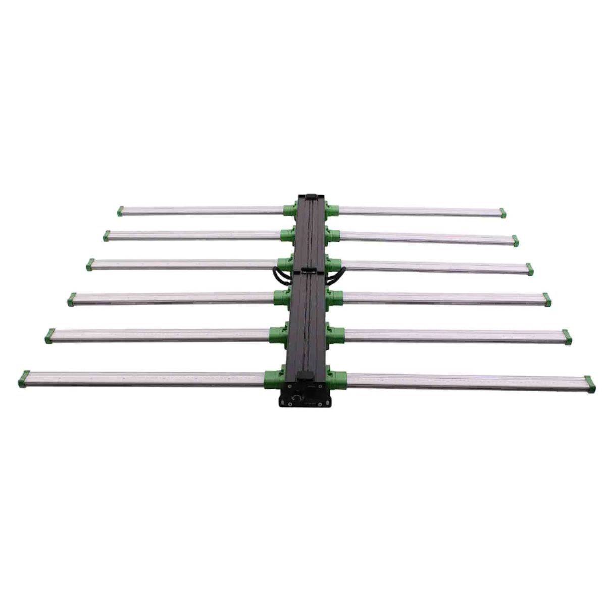 Vue de dessus de la lampe LED Solux Dragonfly 640W, structure robuste avec barres LED vertes, conçue pour les serres et cultures en intérieur.