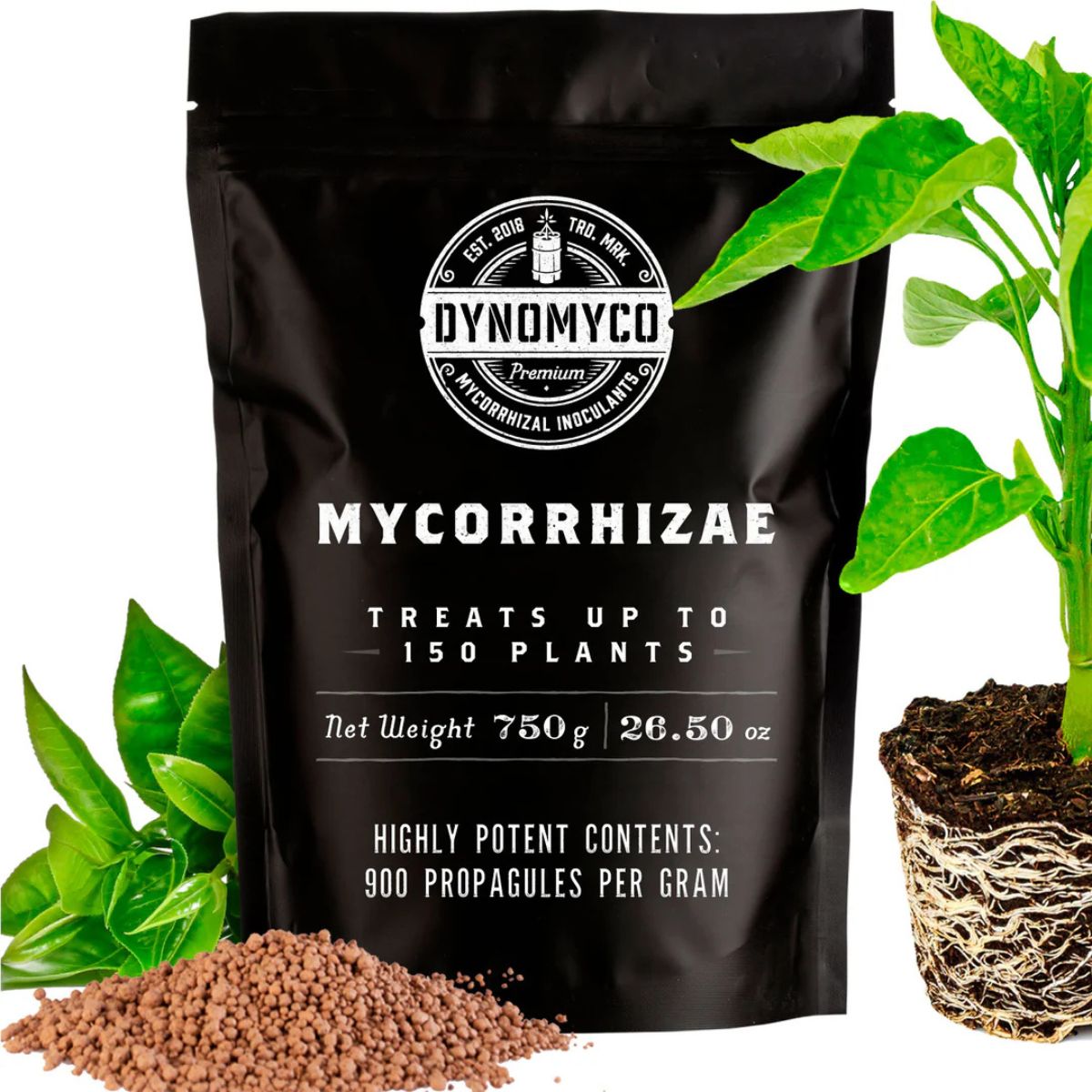 DYNOMYCO Mycorhizes 750 g – Stimulateur de Racines en sachet noir avec granulés, racines saines et plantes vertes en arrière-plan.