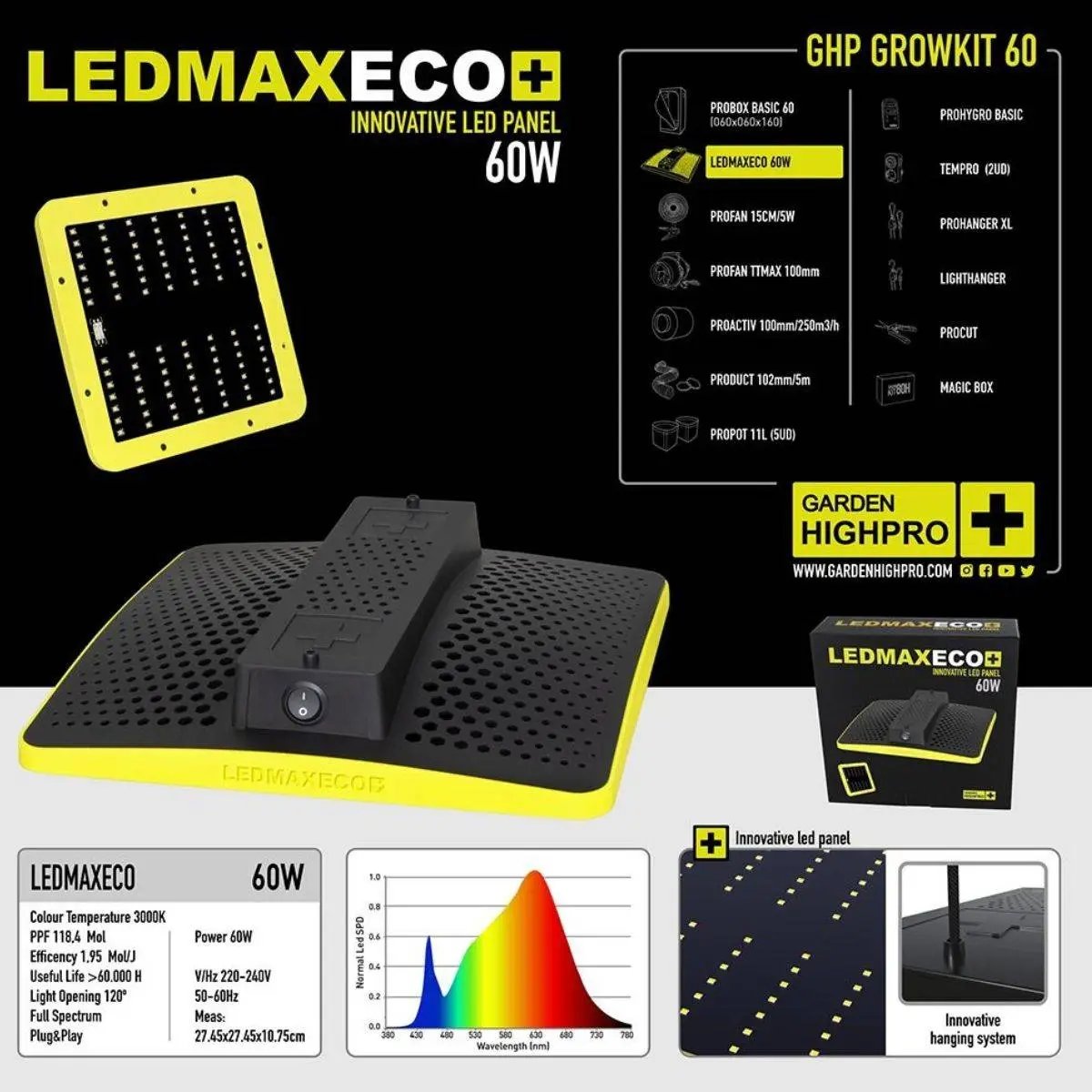 Panneau LEDMAXECO+ 60W du kit de culture Garden HighPro Growkit 60, éclairage LED innovant pour culture indoor efficace.