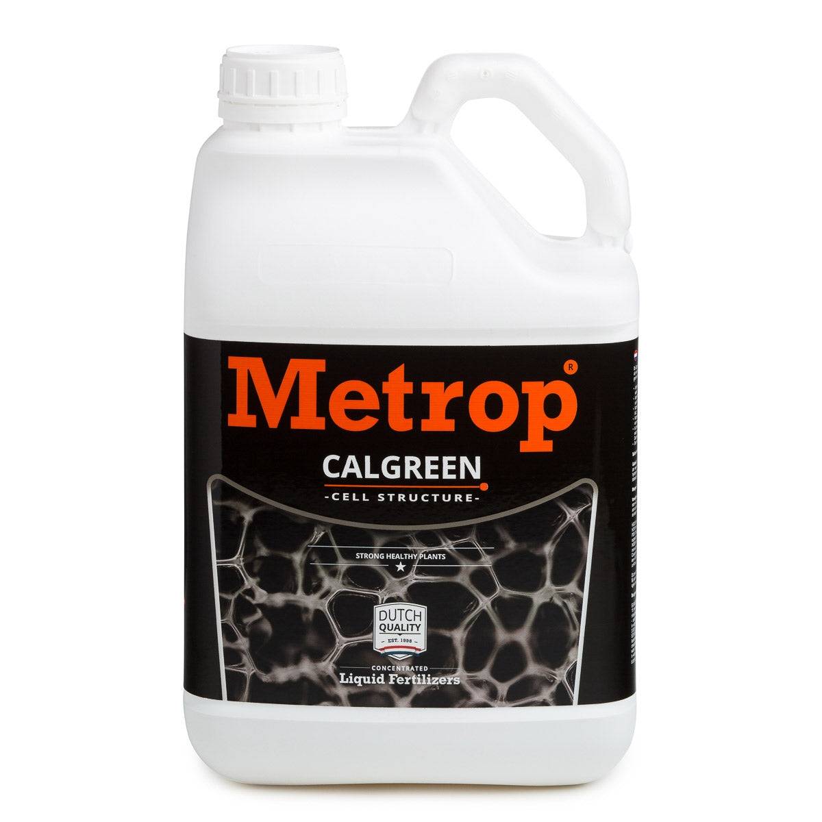 Bidon de 5 litres d'engrais Metrop Calgreen pour croissance et floraison, idéal pour culture indoor et hydroponique avec apport en calcium.
