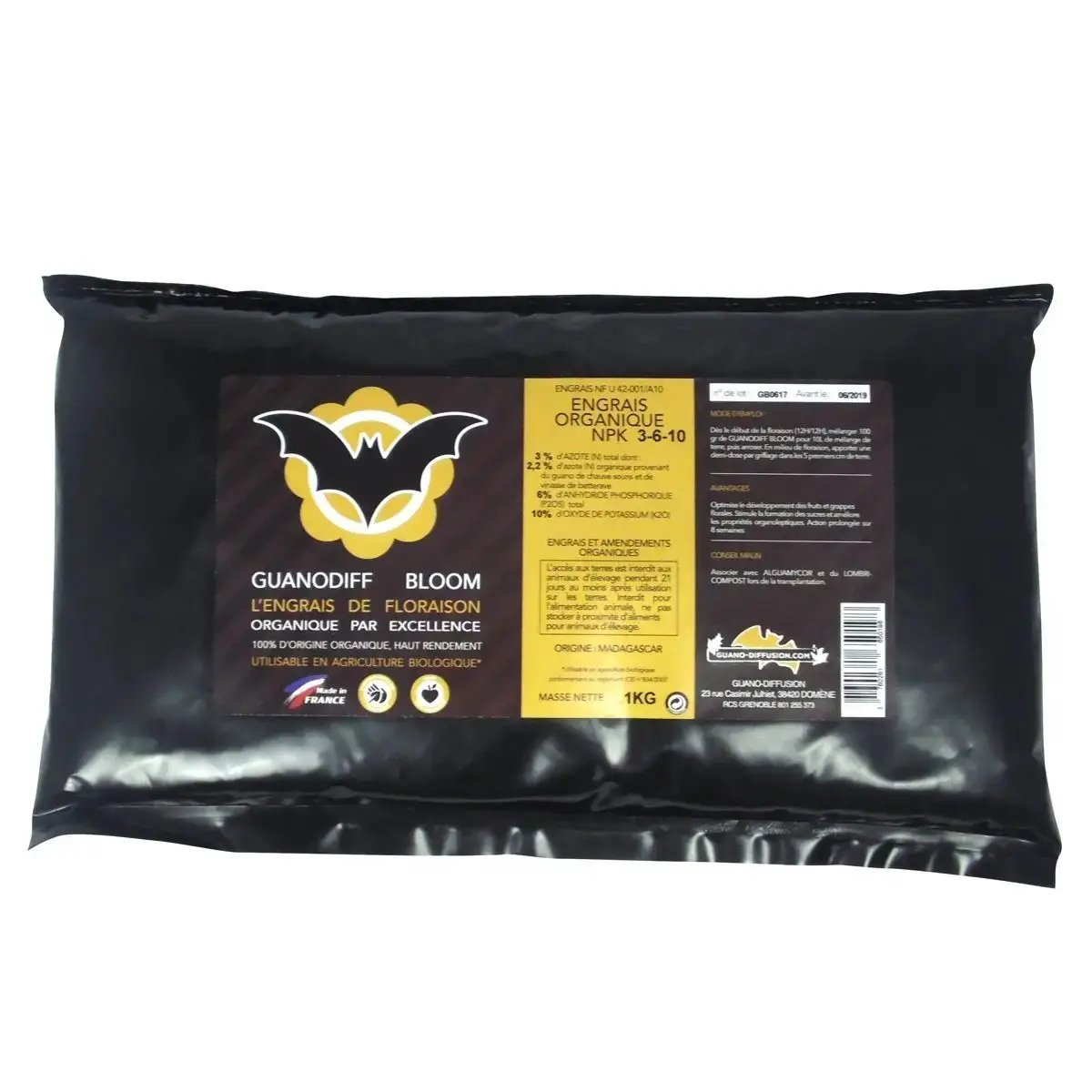 Engrais de floraison organique Guanodiff Bloom 1kg en sachet noir, à base de guano de chauve-souris pour booster la floraison des plantes.