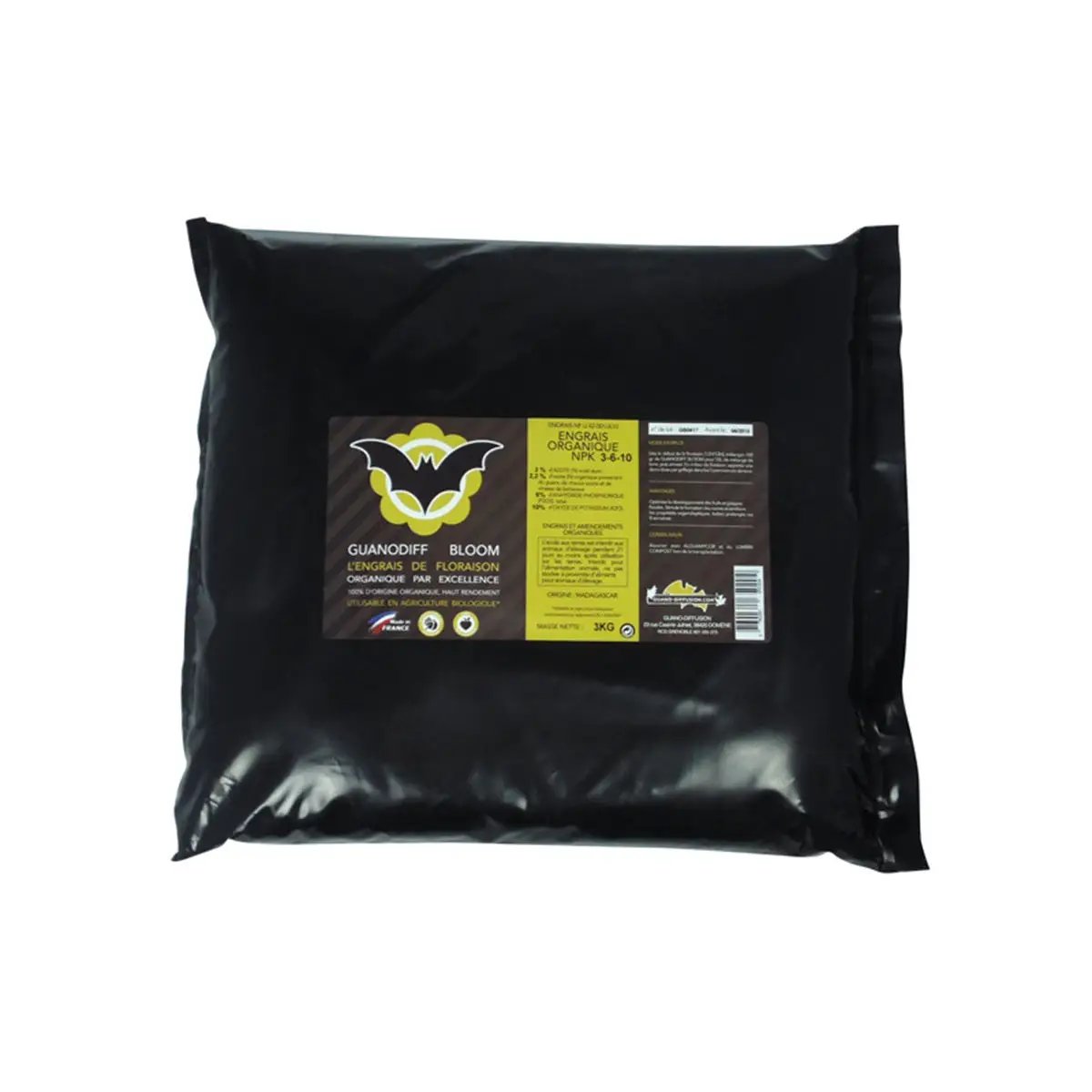 Engrais floraison Guanodiff Bloom 3kg 100% organique à base de guano de chauve-souris, en sachet noir hermétique, idéal pour fleurs et fruits.