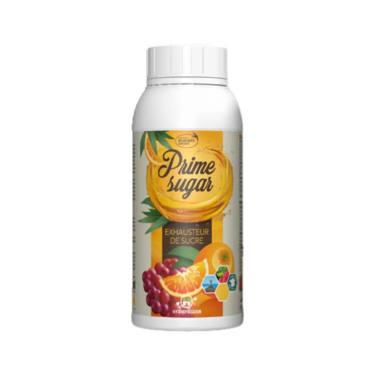 Bouteille de 500ml d'engrais Hydropassion PRIME SUGAR, enrichi en acides aminés et extraits d’algues pour booster le goût et la floraison