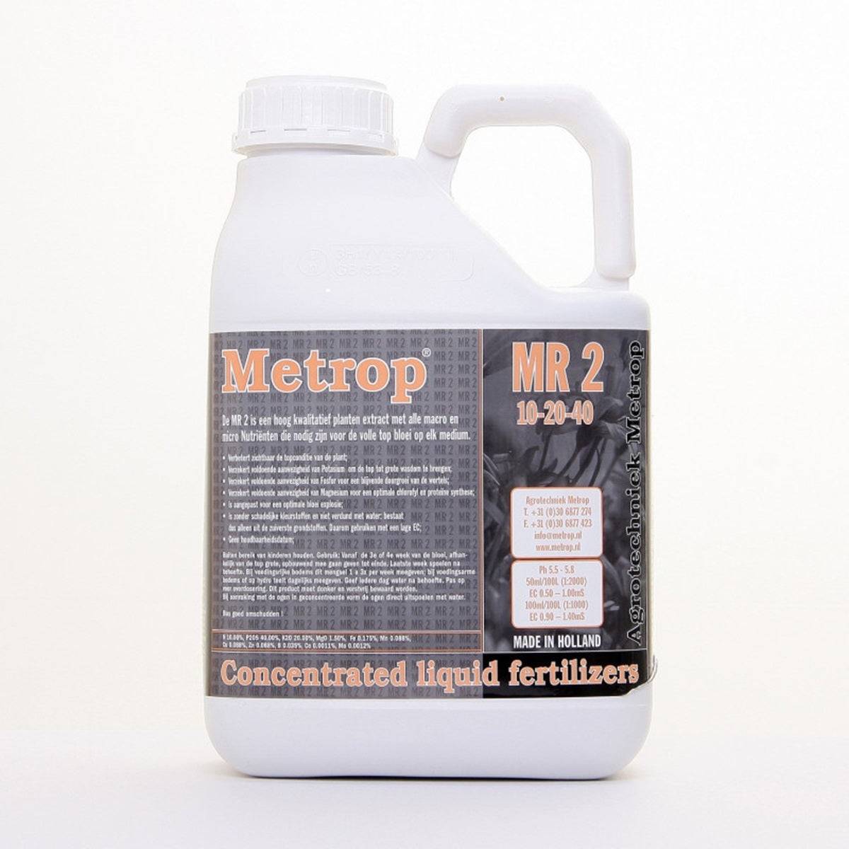 Engrais de floraison Metrop MR2 5L concentré, riche en nutriments NPK 10-20-40 pour culture indoor performante. Disponible chez SauceGrowing.