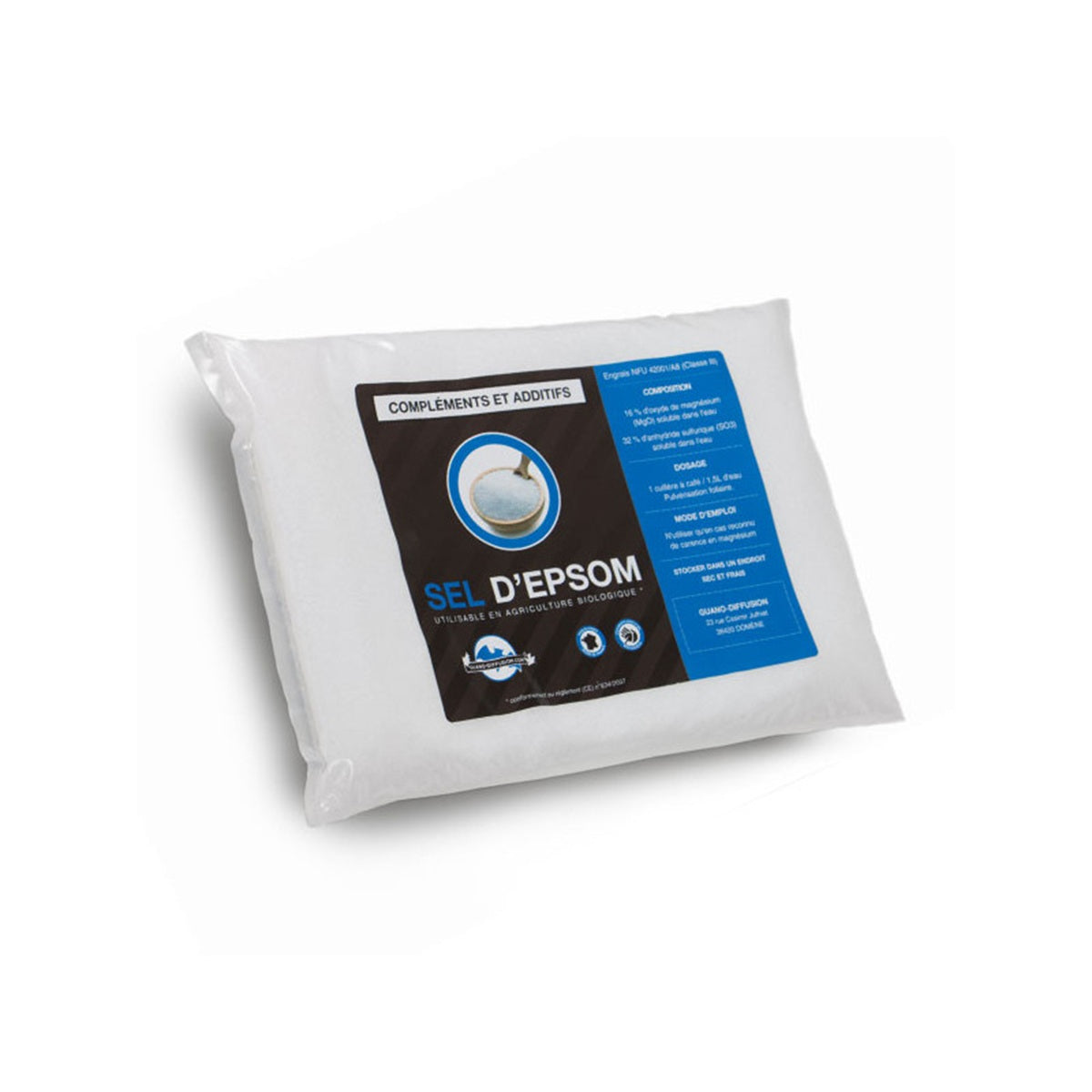 Sel d’Epsom 1 kg – Engrais magnésien Guano Diffusion en sachet, 100 % soluble, idéal pour corriger les carences en magnésium des plantes.