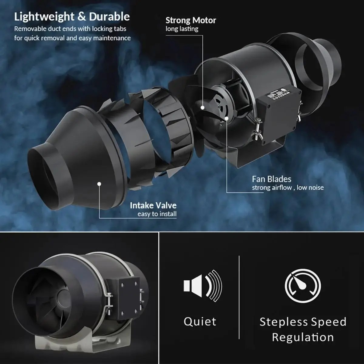 Extracteur d’air HortiSpectra léger et silencieux avec moteur puissant, régulation de vitesse continue et installation facile pour kit de culture complet.