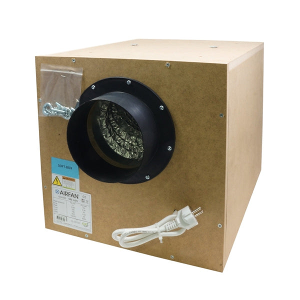 Extracteur silencieux SOFTBOX AIRFAN V2.0 en MDF avec débit de 550m³/h et entrée 160mm, idéal pour ventilation discrète en culture indoor.